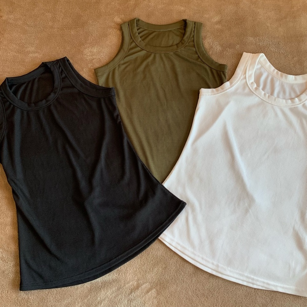 3 ribbed tanks. White, black, olive